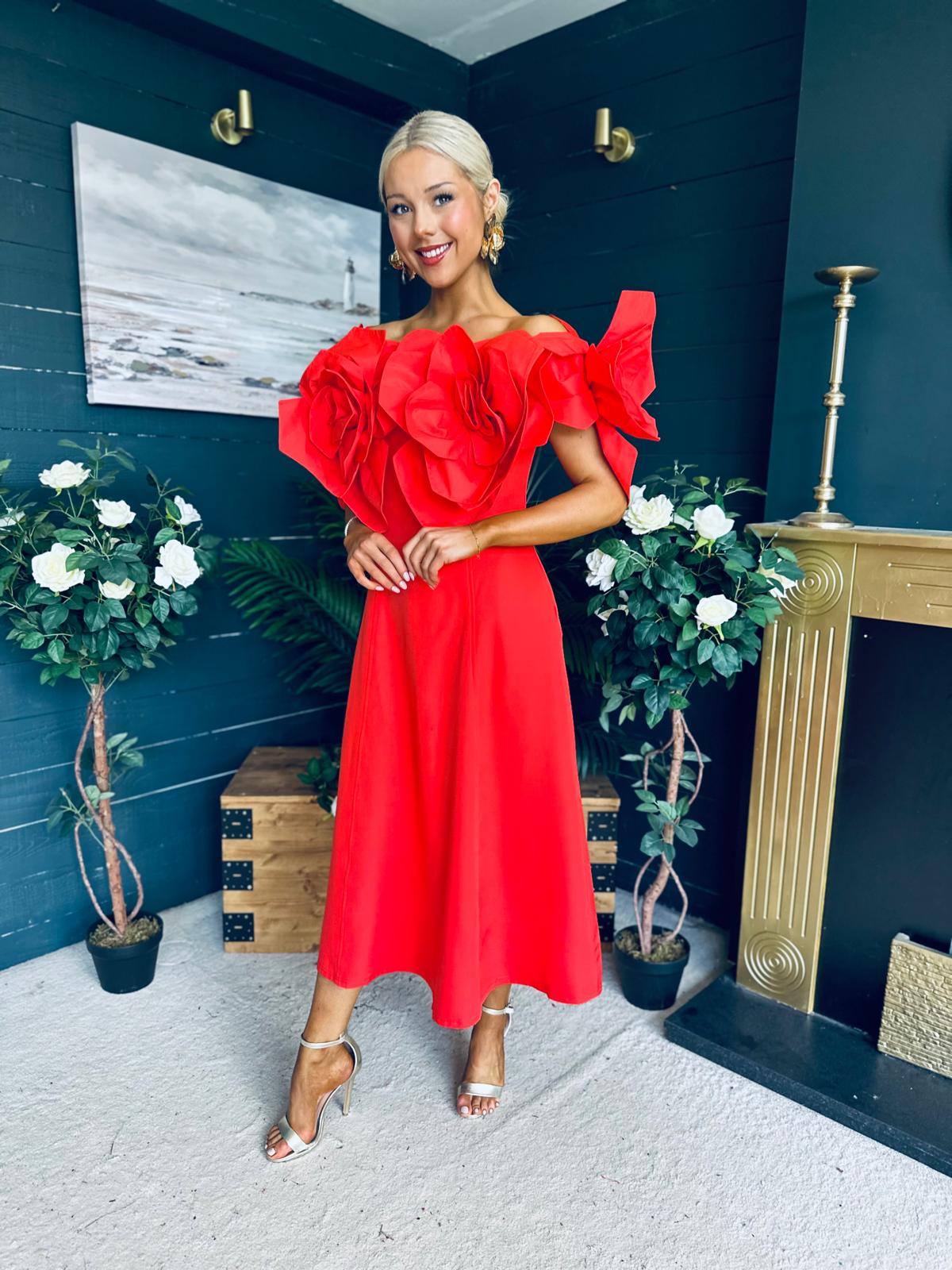 Jackie Floral Detail Occasion Midi Dress Coral