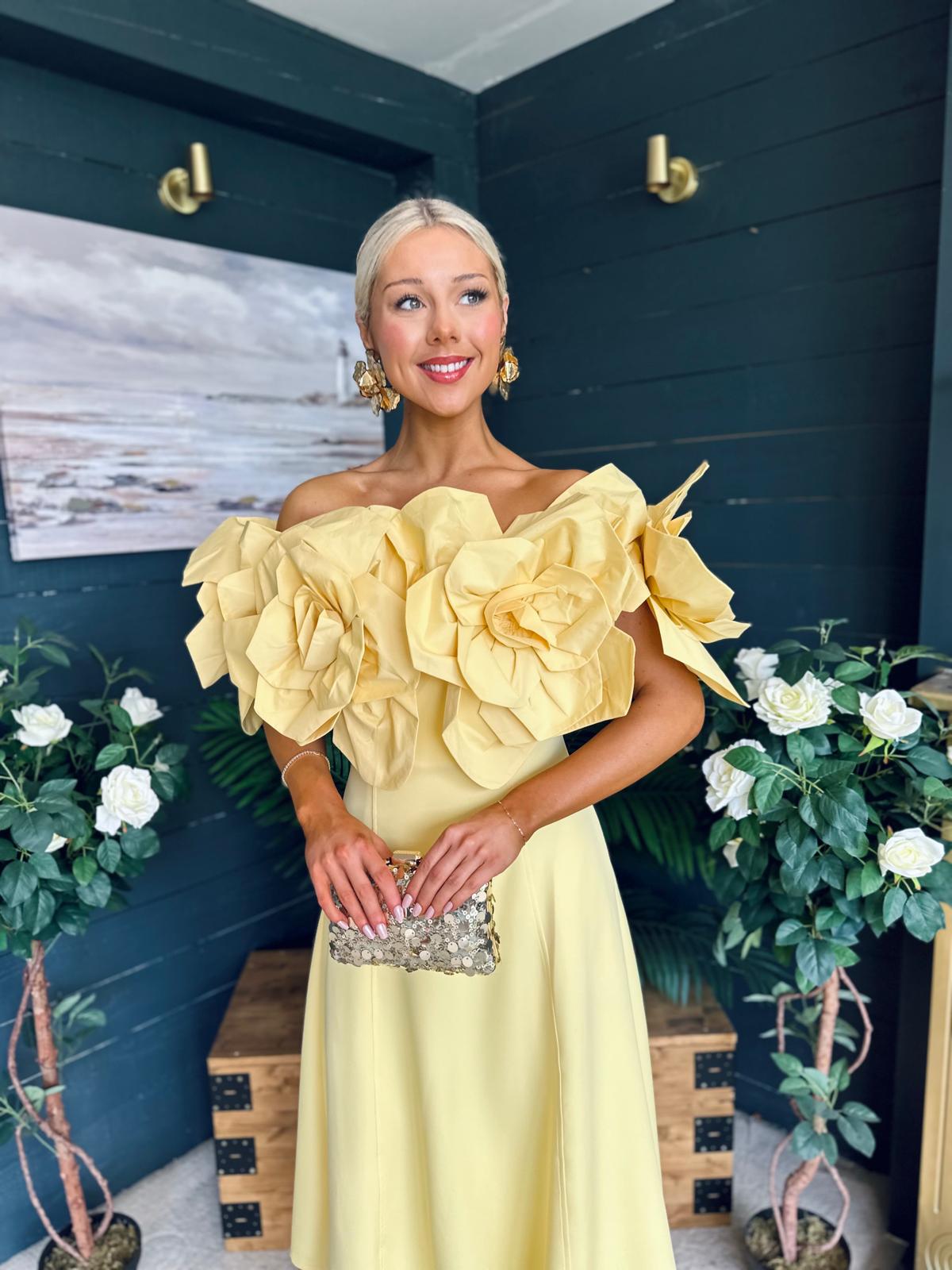 Jackie Floral Detail Occasion Midi Dress Yellow