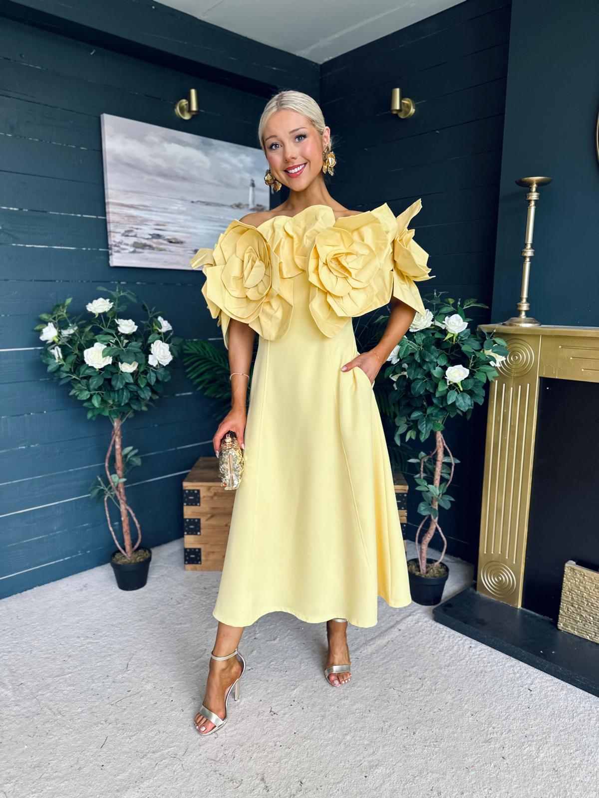 Jackie Floral Detail Occasion Midi Dress Yellow