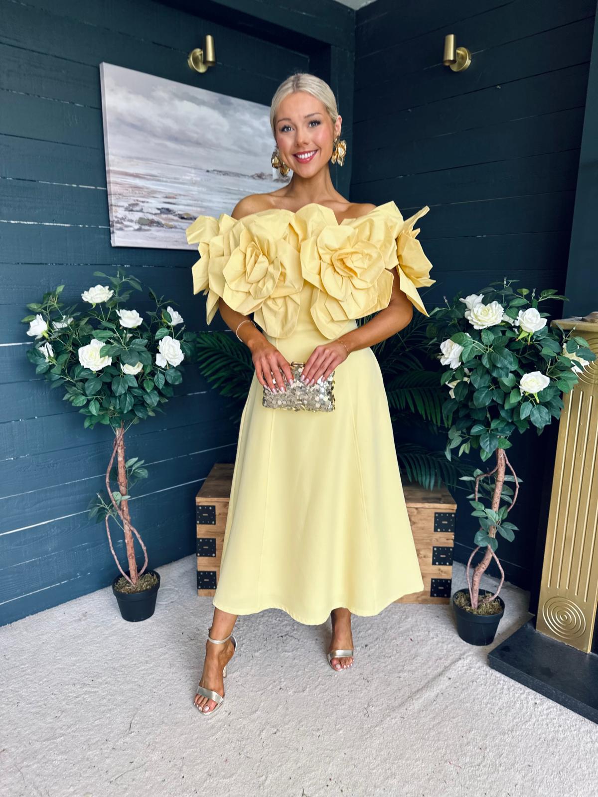 Jackie Floral Detail Occasion Midi Dress Yellow