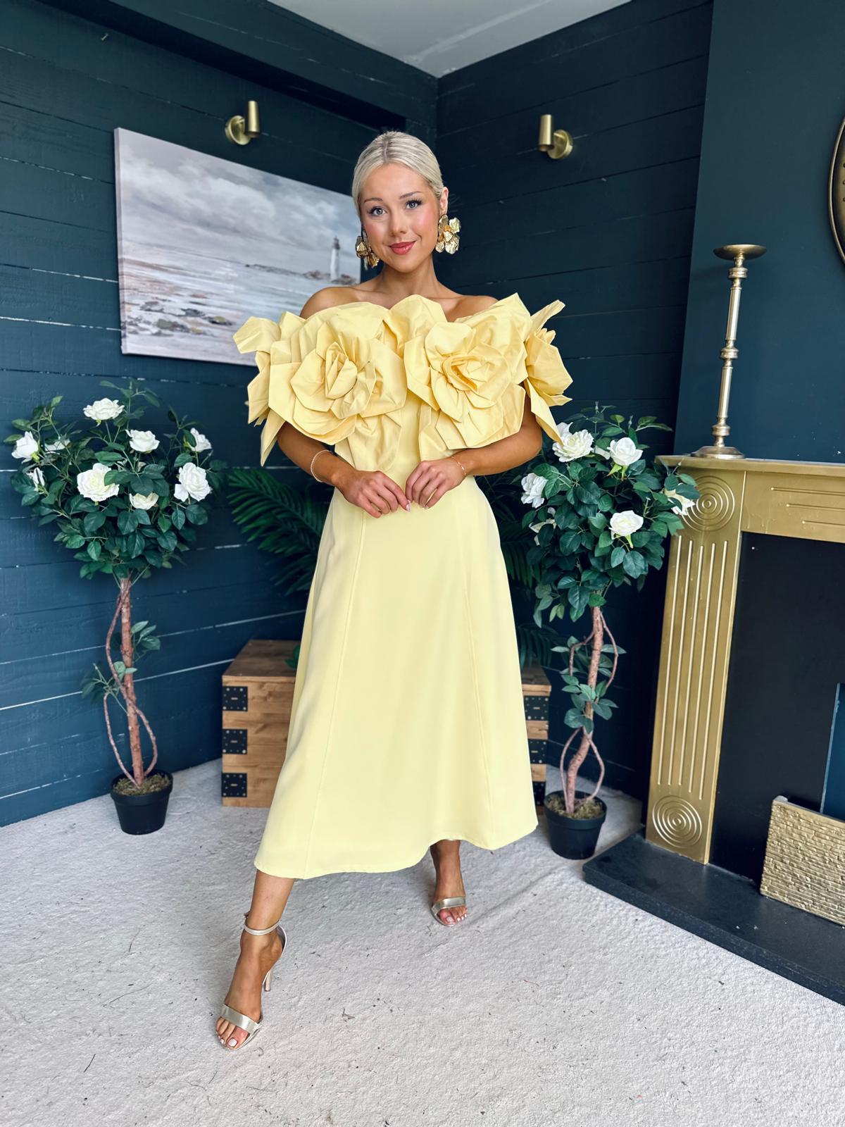 Jackie Floral Detail Occasion Midi Dress Yellow