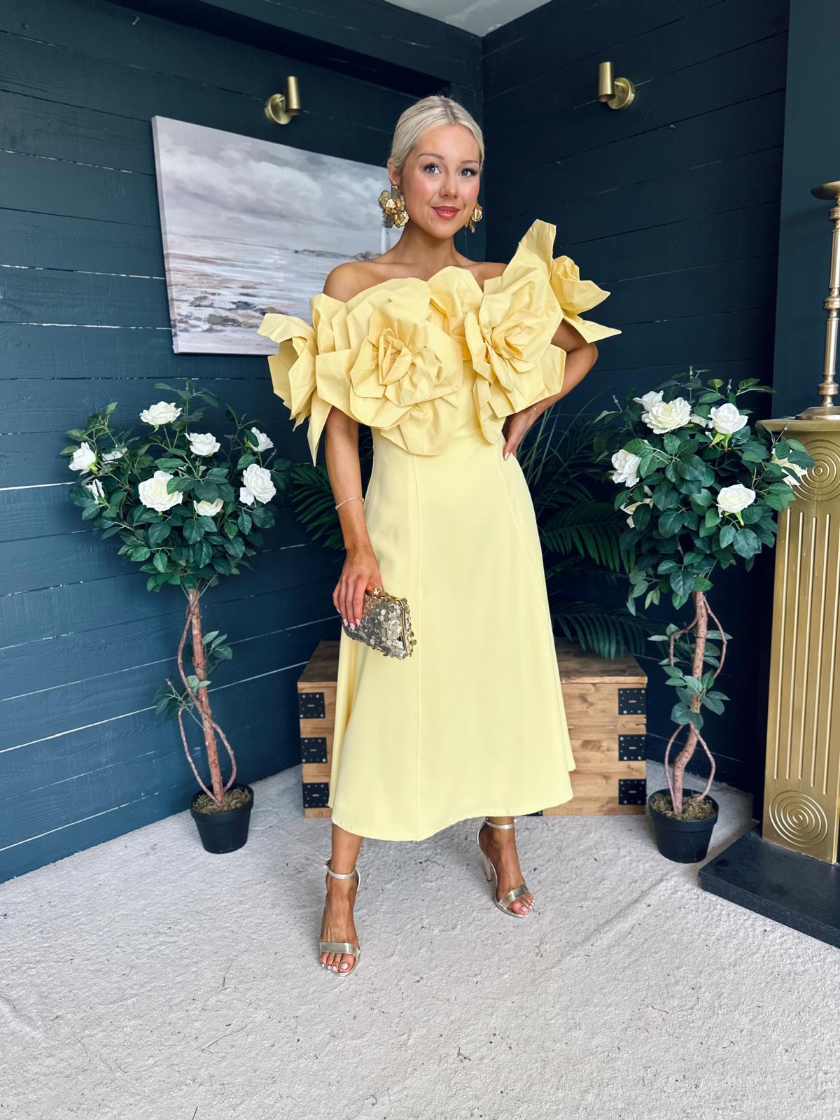 Jackie Floral Detail Occasion Midi Dress Yellow