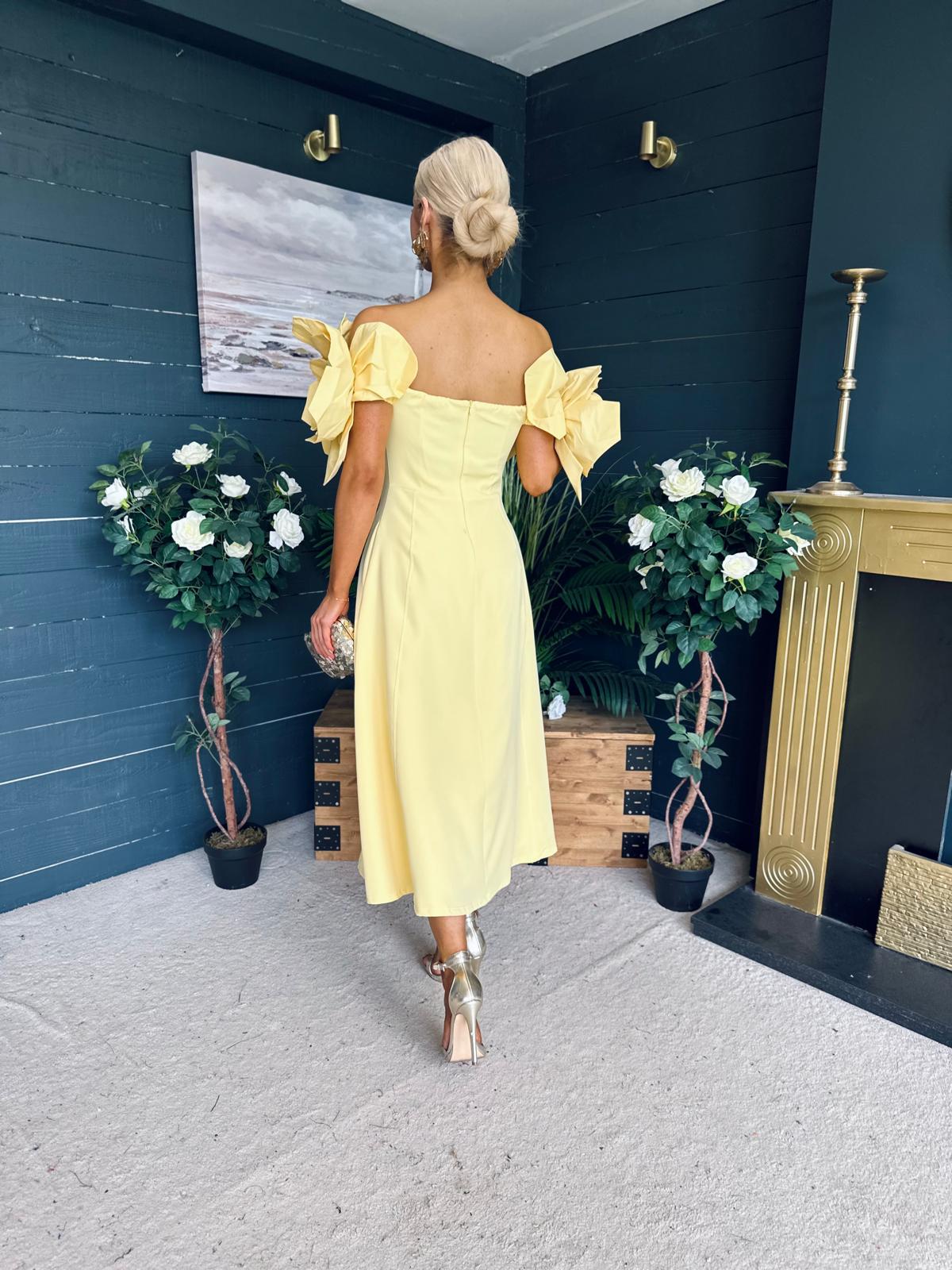 Jackie Floral Detail Occasion Midi Dress Yellow