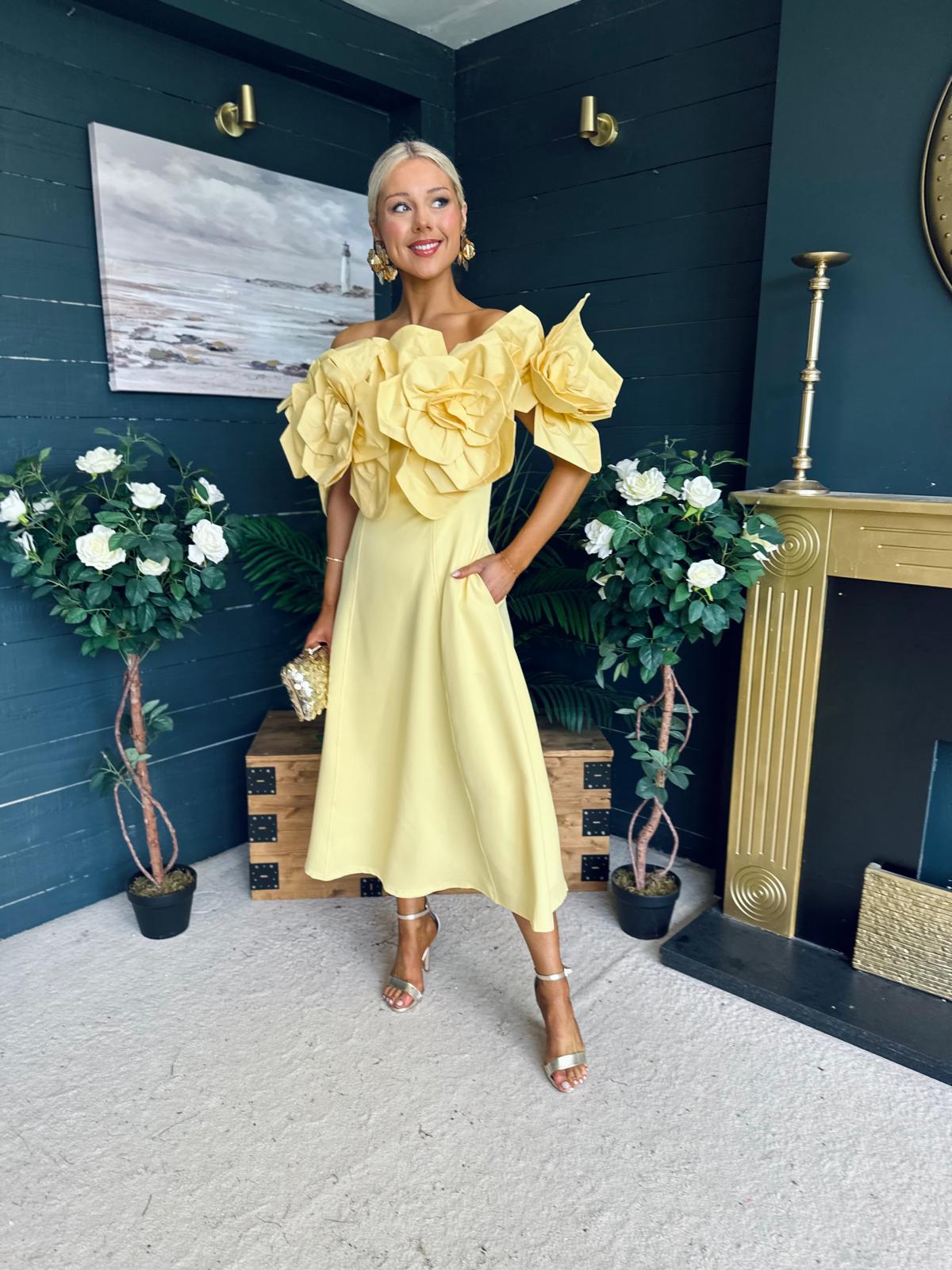Jackie Floral Detail Occasion Midi Dress Yellow