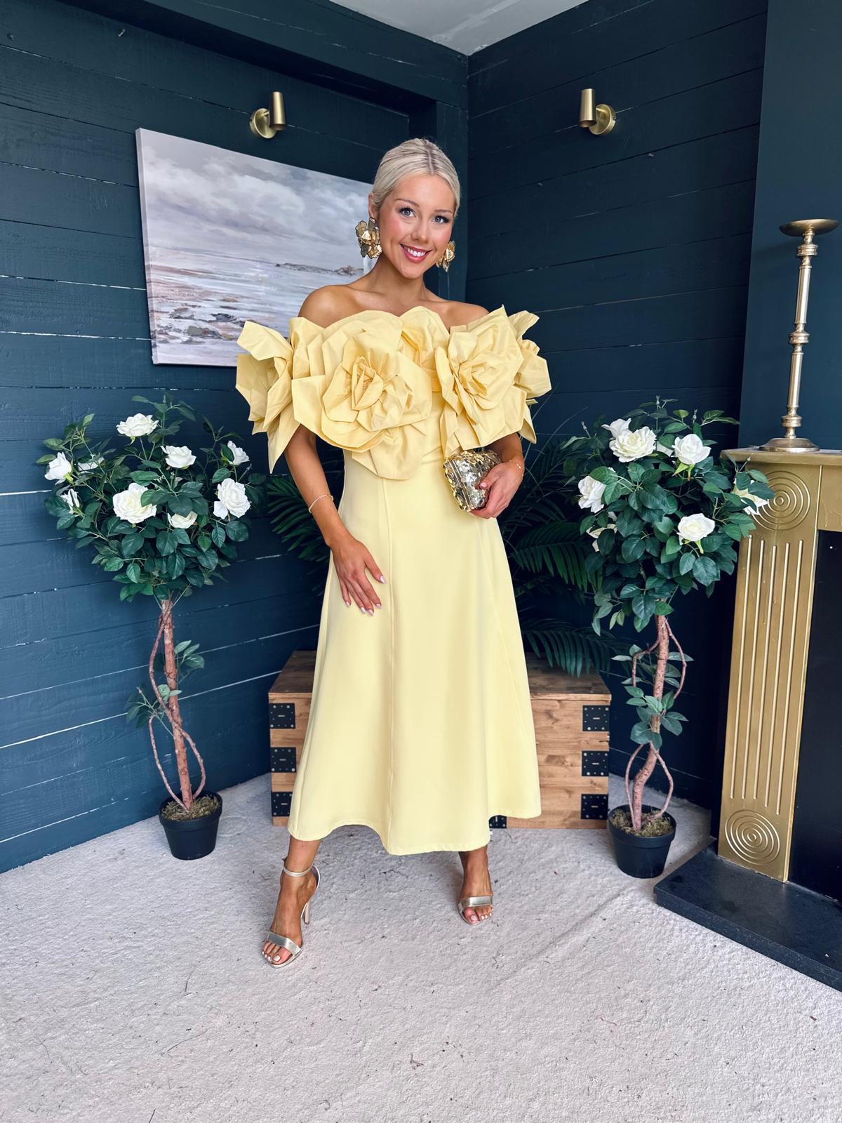 Jackie Floral Detail Occasion Midi Dress Yellow