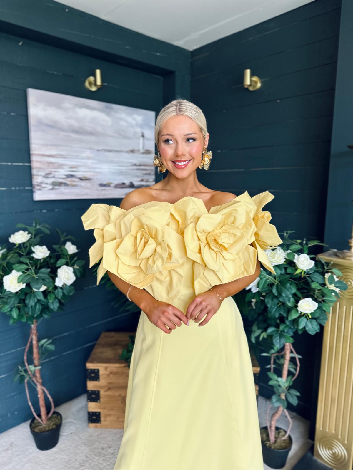 Jackie Floral Detail Occasion Midi Dress Yellow
