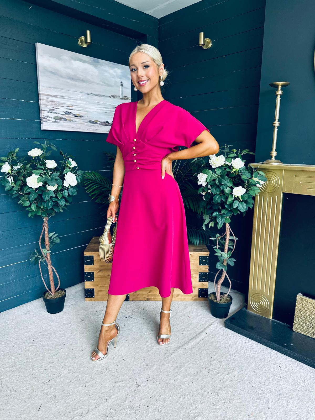Karina Ruched Detail Midi Dress Raspberry