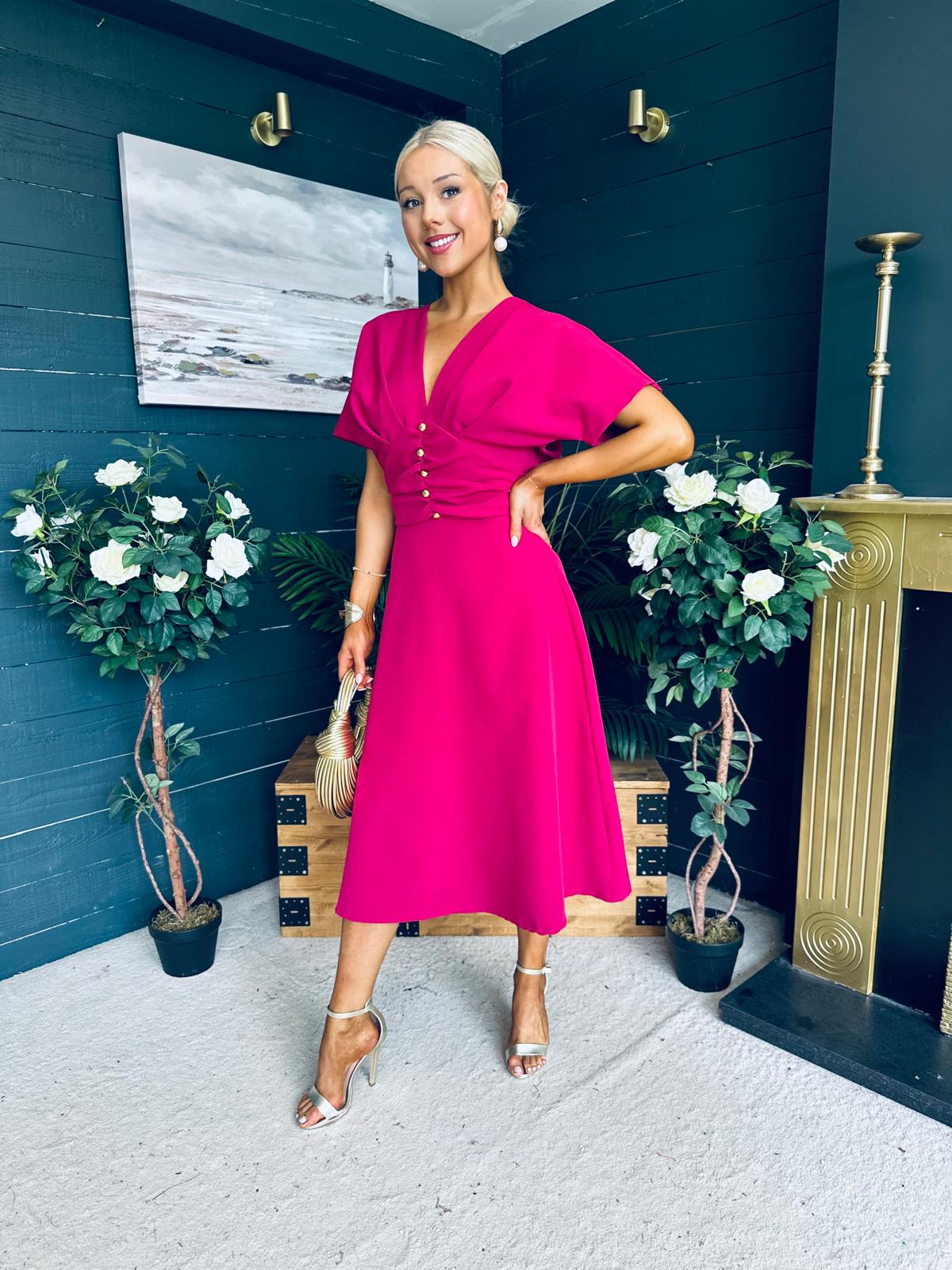 Karina Ruched Detail Midi Dress Raspberry