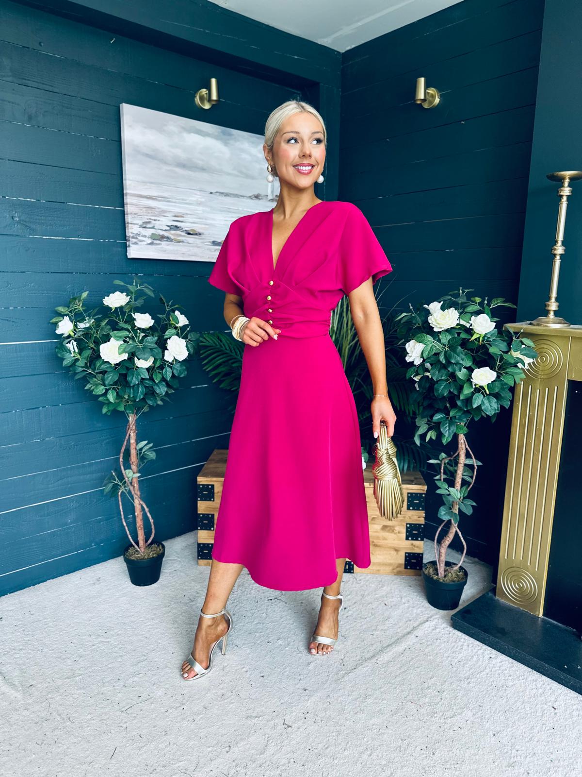 Karina Ruched Detail Midi Dress Raspberry