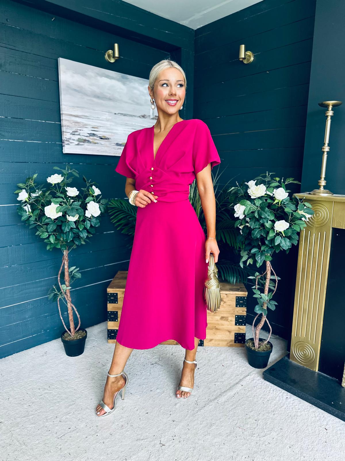 Karina Ruched Detail Midi Dress Raspberry