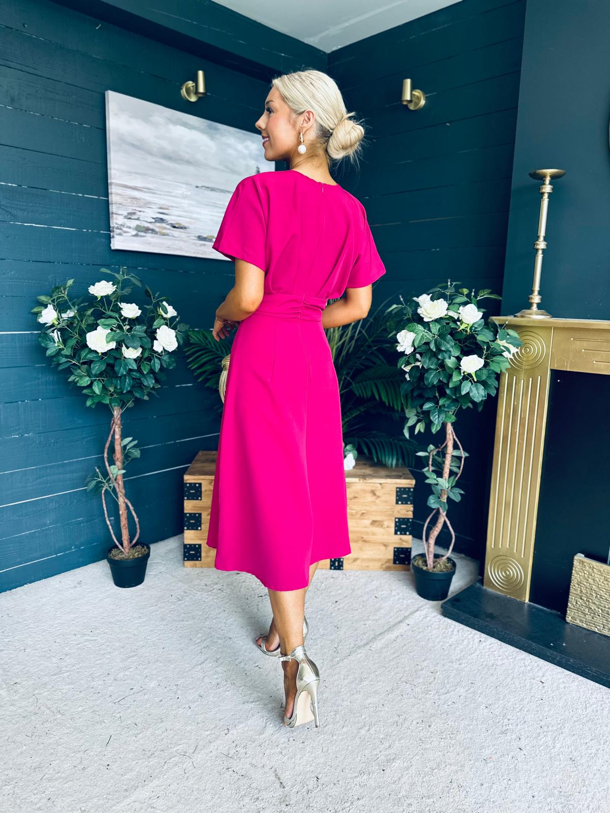 Karina Ruched Detail Midi Dress Raspberry