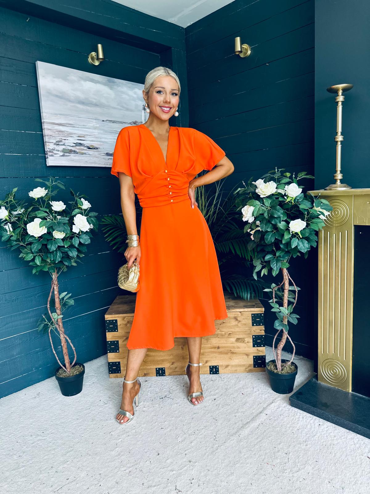 Karina Ruched Detail Midi Dress Orange