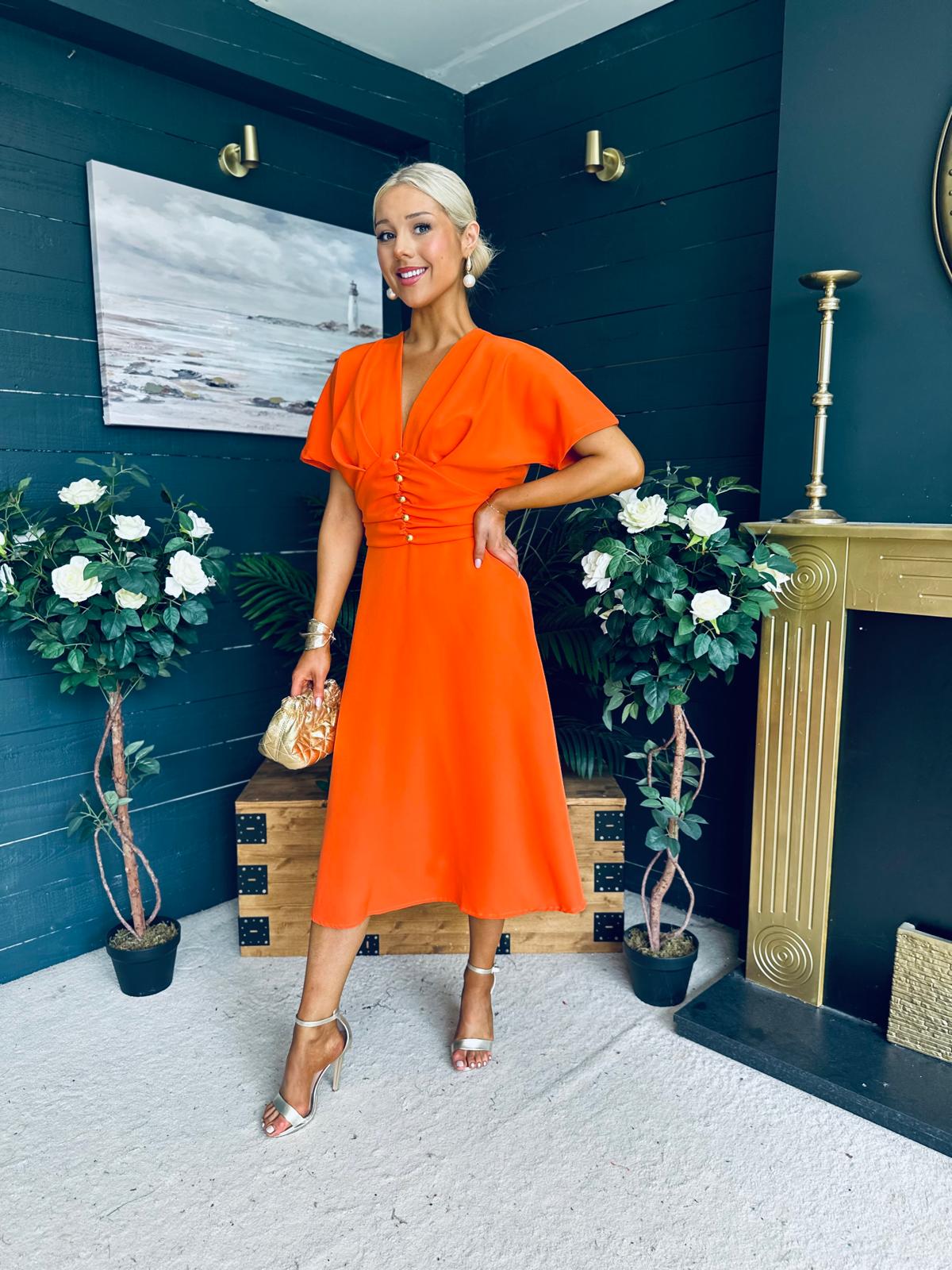 Karina Ruched Detail Midi Dress Orange