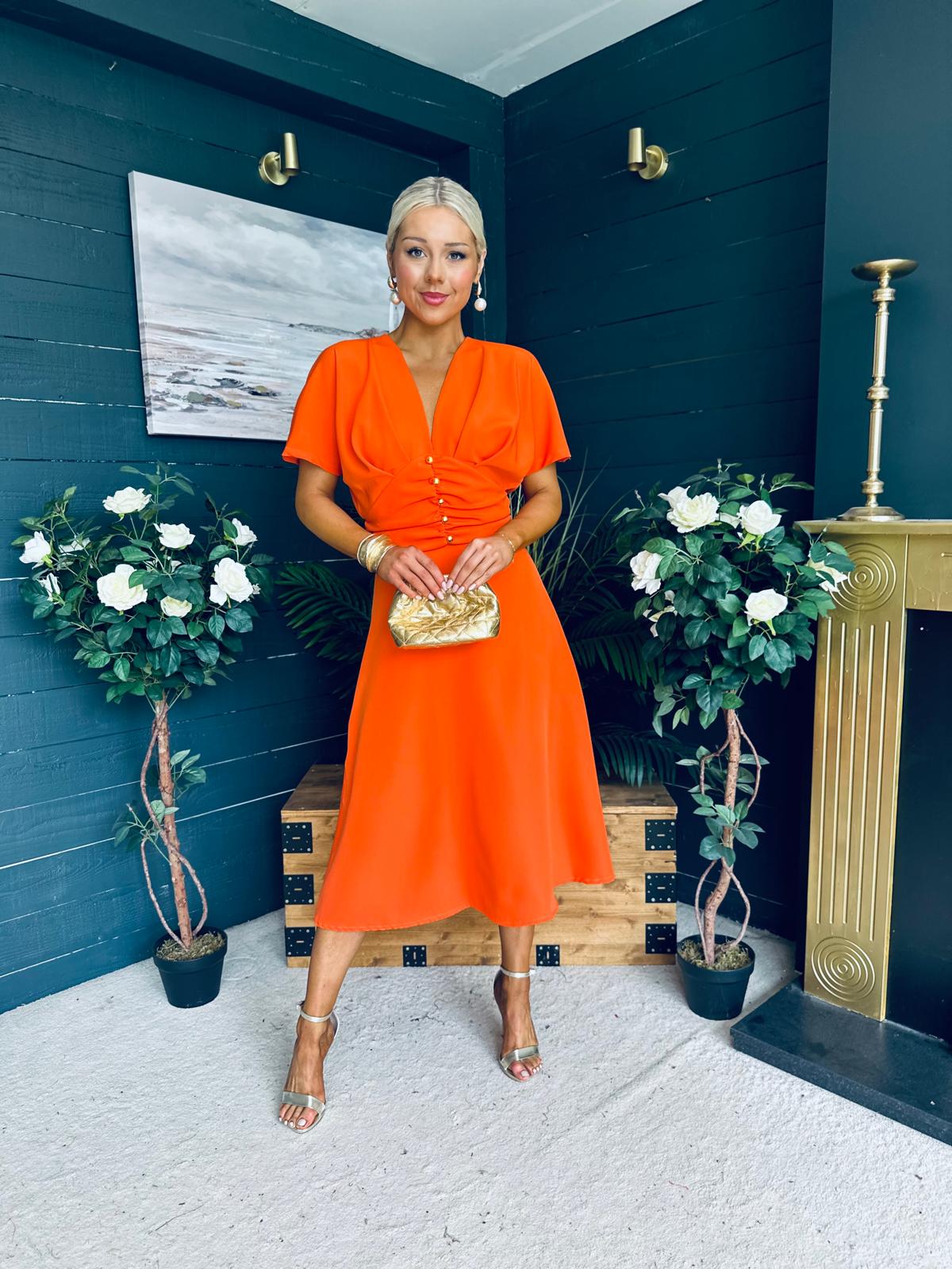 Karina Ruched Detail Midi Dress Orange