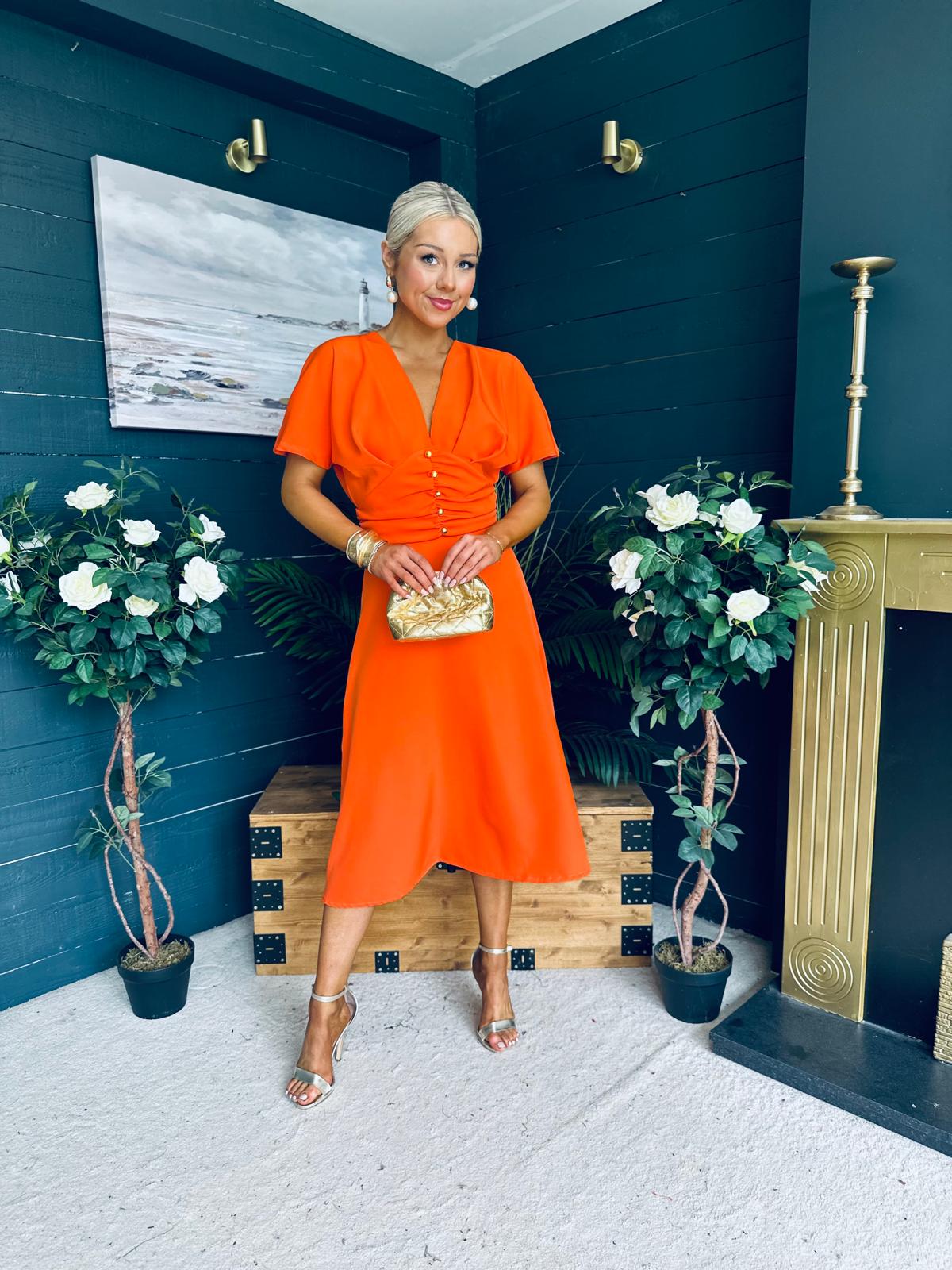 Karina Ruched Detail Midi Dress Orange