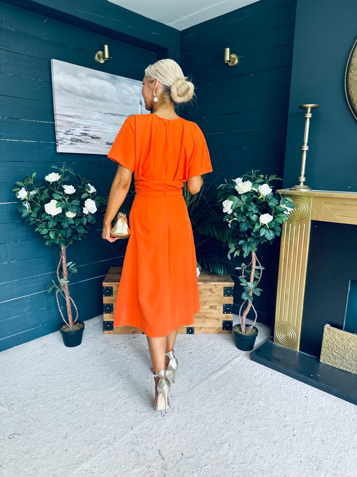 Karina Ruched Detail Midi Dress Orange
