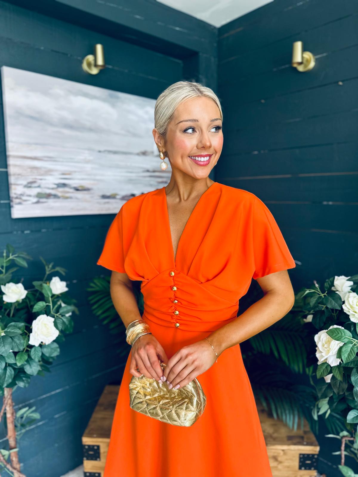 Karina Ruched Detail Midi Dress Orange