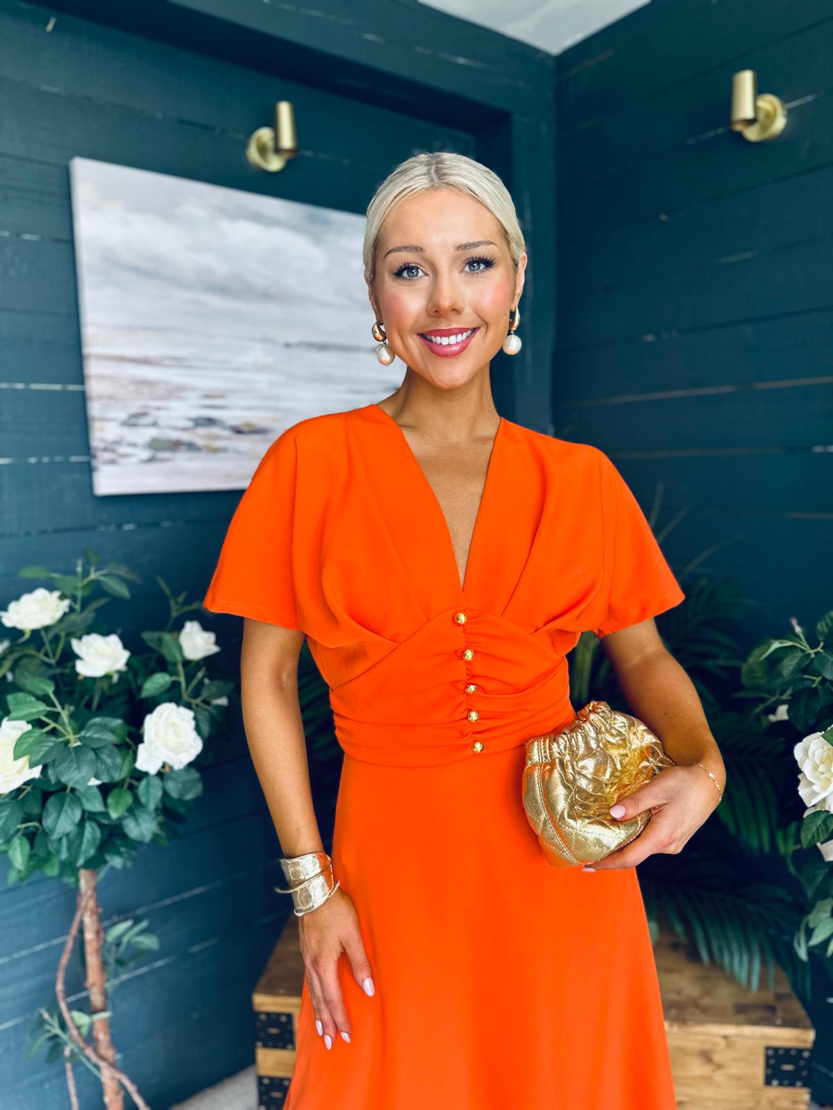 Karina Ruched Detail Midi Dress Orange