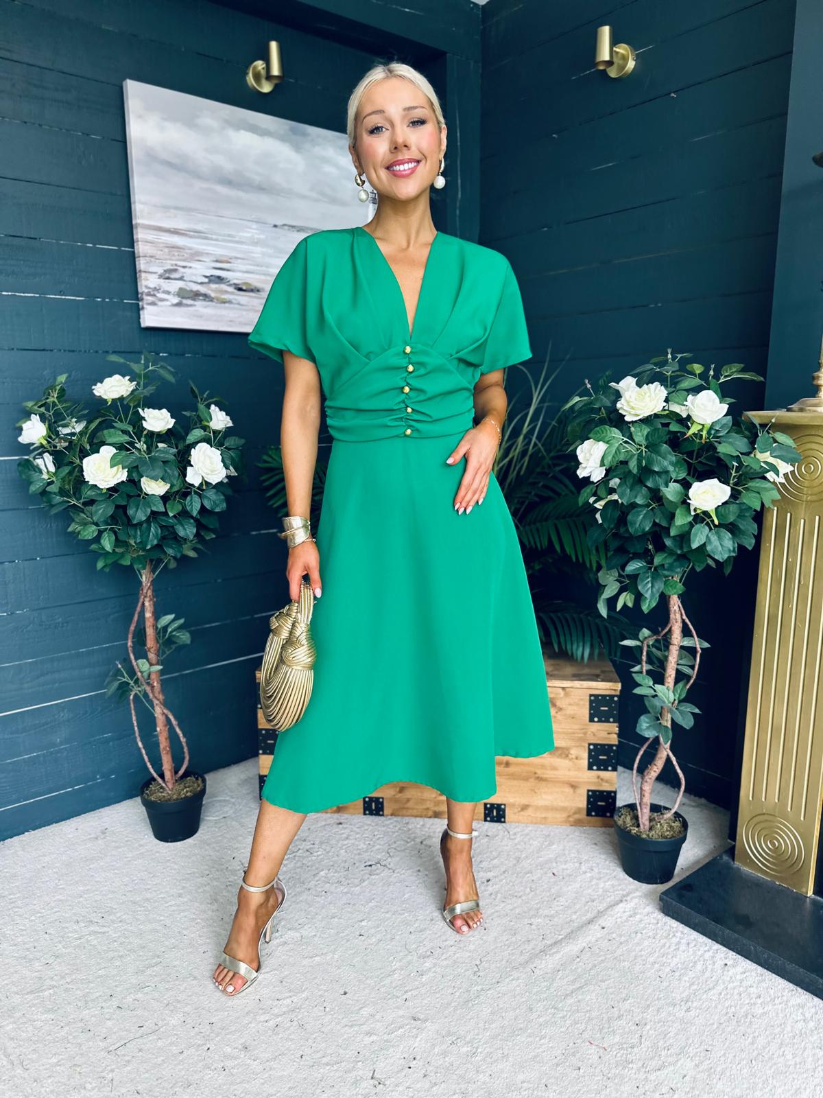 Karina Ruched Detail Midi Dress Emerald