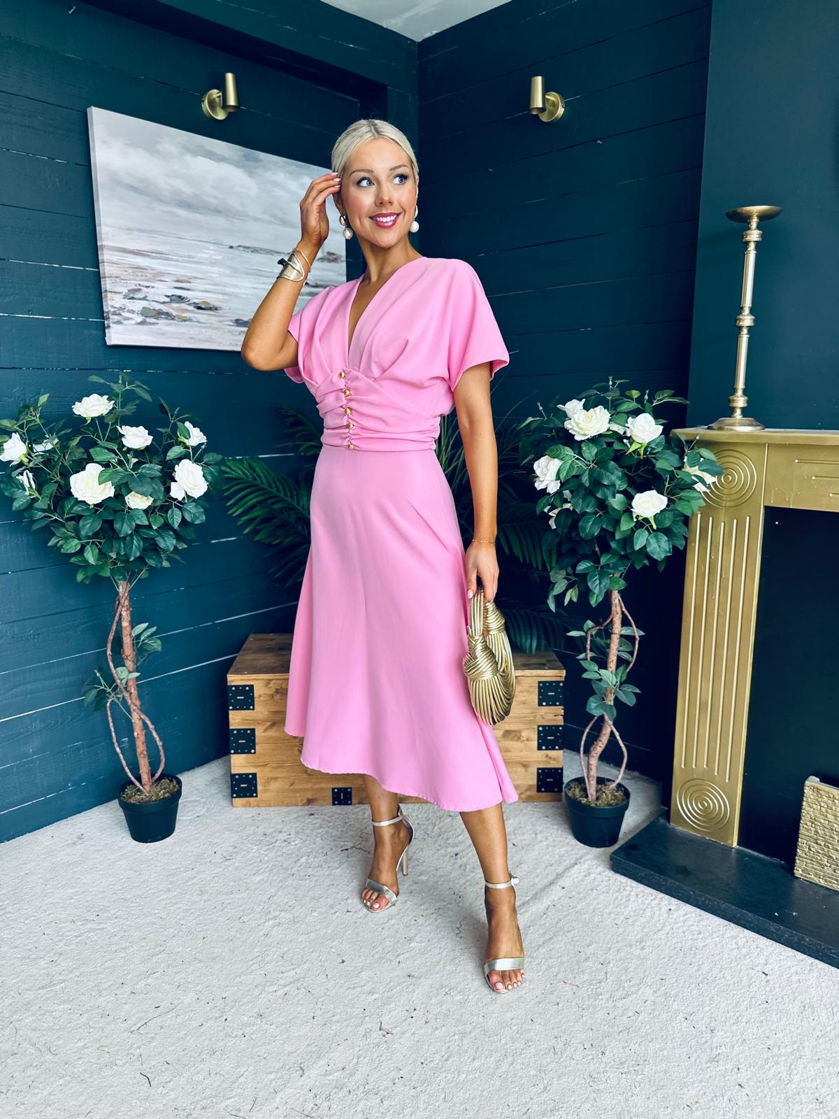 Karina Ruched Detail Midi Dress Pwr Pink