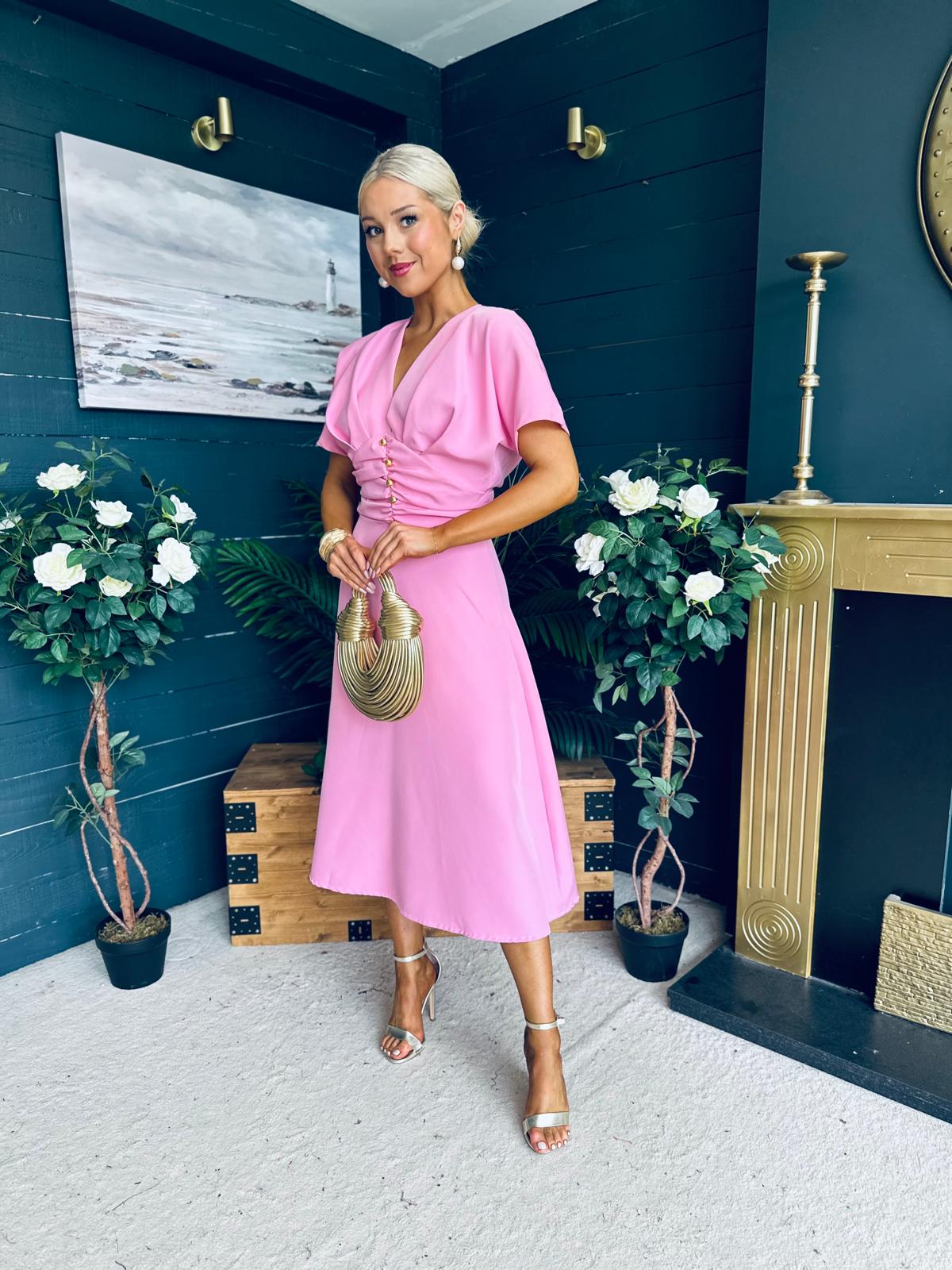 Karina Ruched Detail Midi Dress Pwr Pink