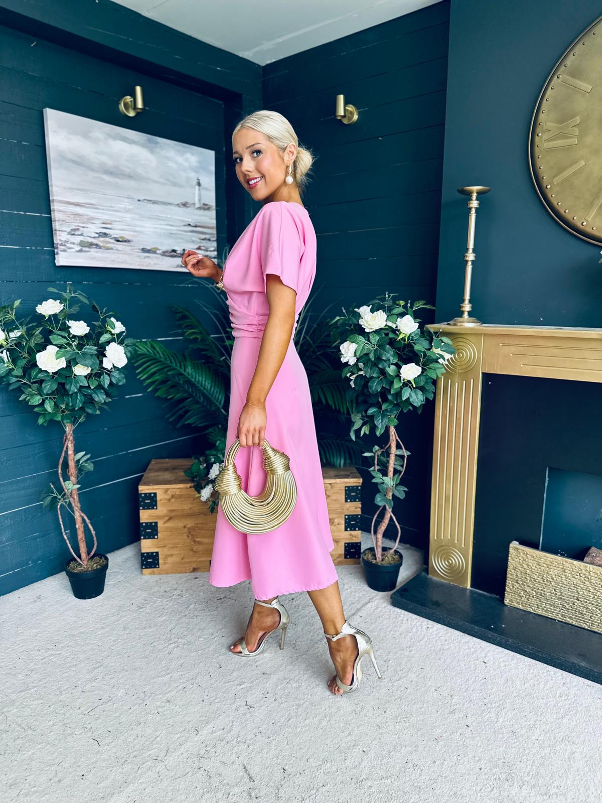 Karina Ruched Detail Midi Dress Pwr Pink
