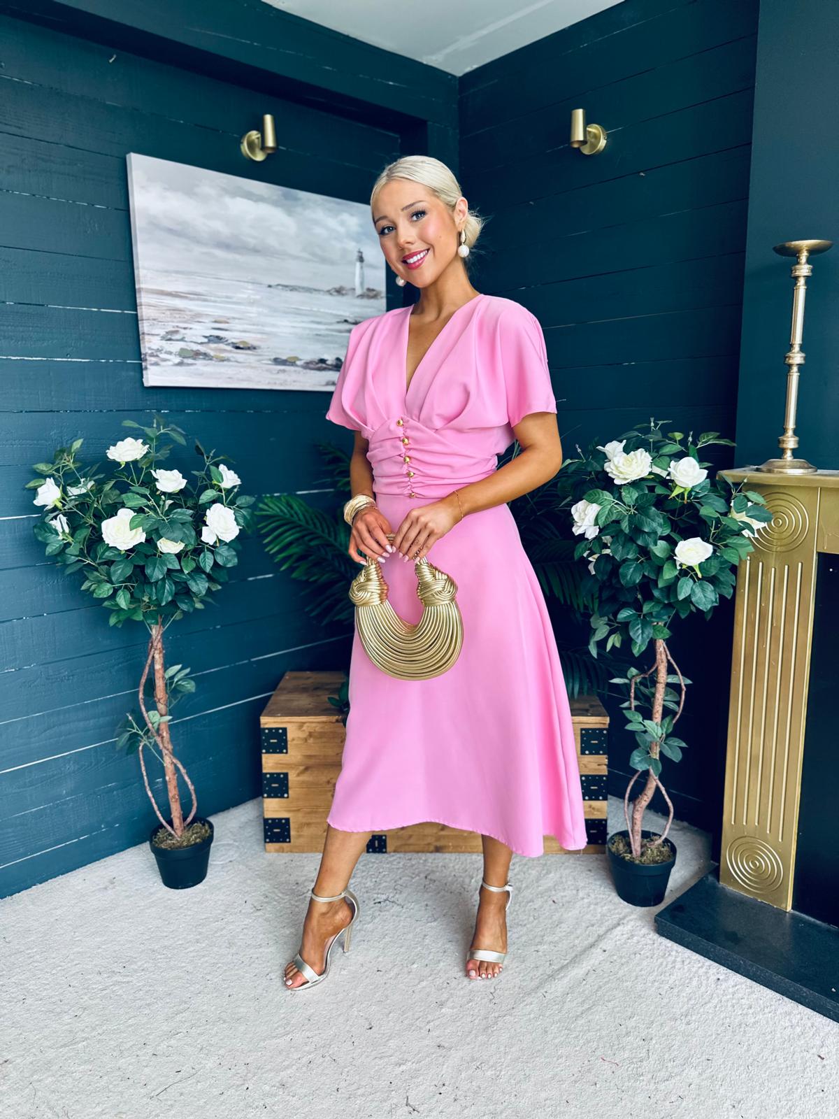 Karina Ruched Detail Midi Dress Pwr Pink