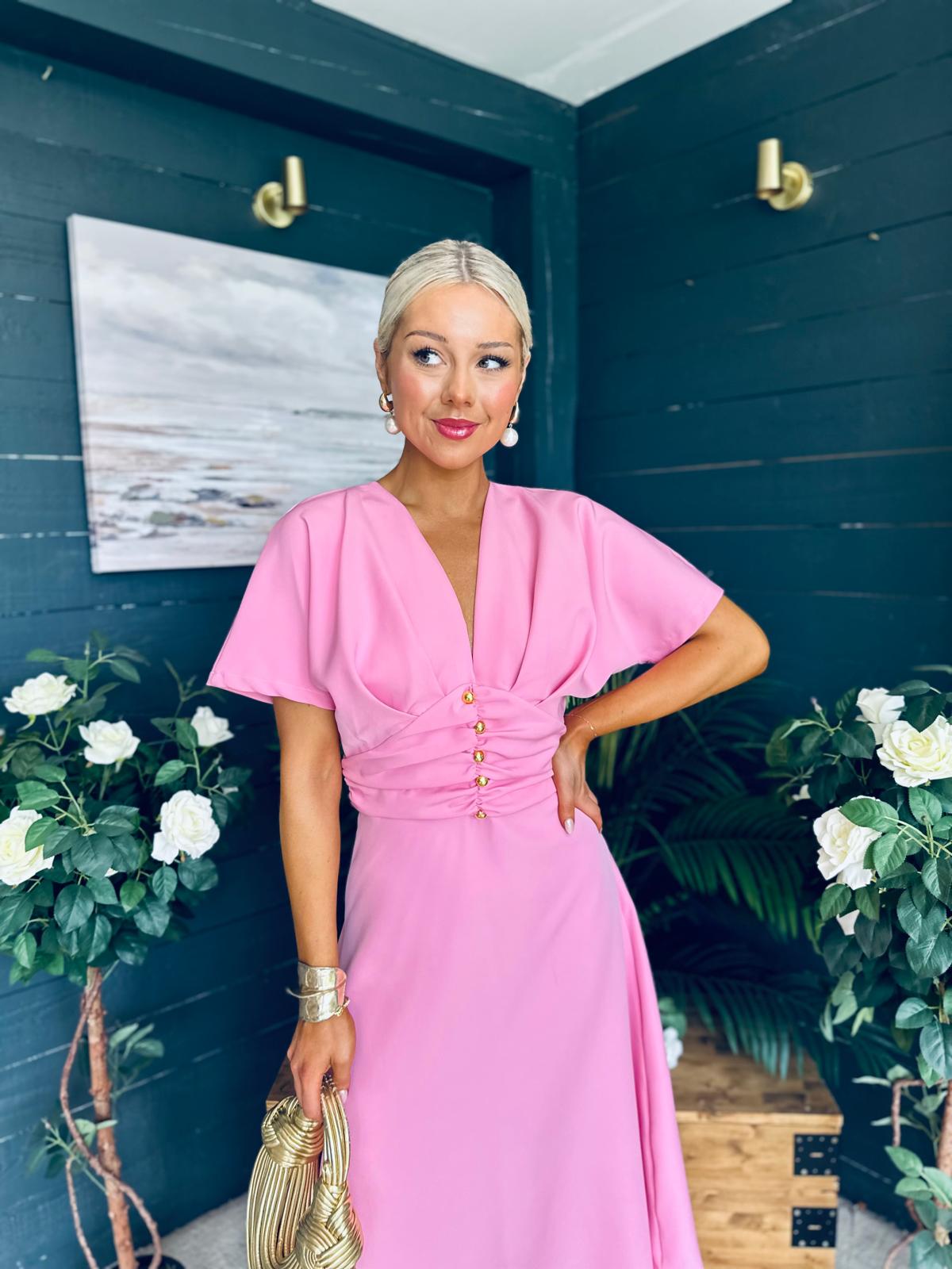 Karina Ruched Detail Midi Dress Pwr Pink
