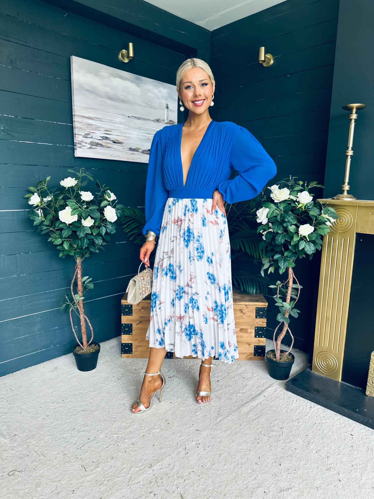 Terrie Plunge Neck Midi Dress Blue