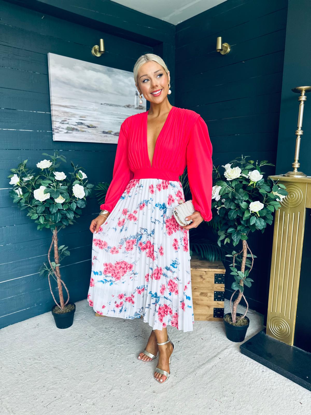 Terrie Plunge Neck Midi Dress Coral