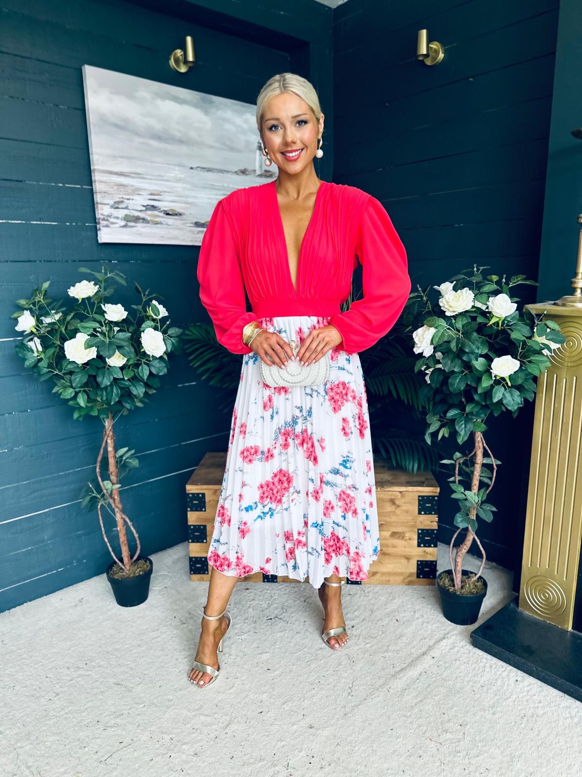 Terrie Plunge Neck Midi Dress Coral