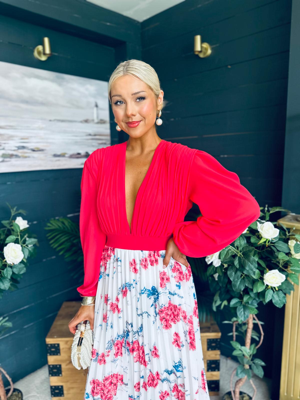 Terrie Plunge Neck Midi Dress Coral