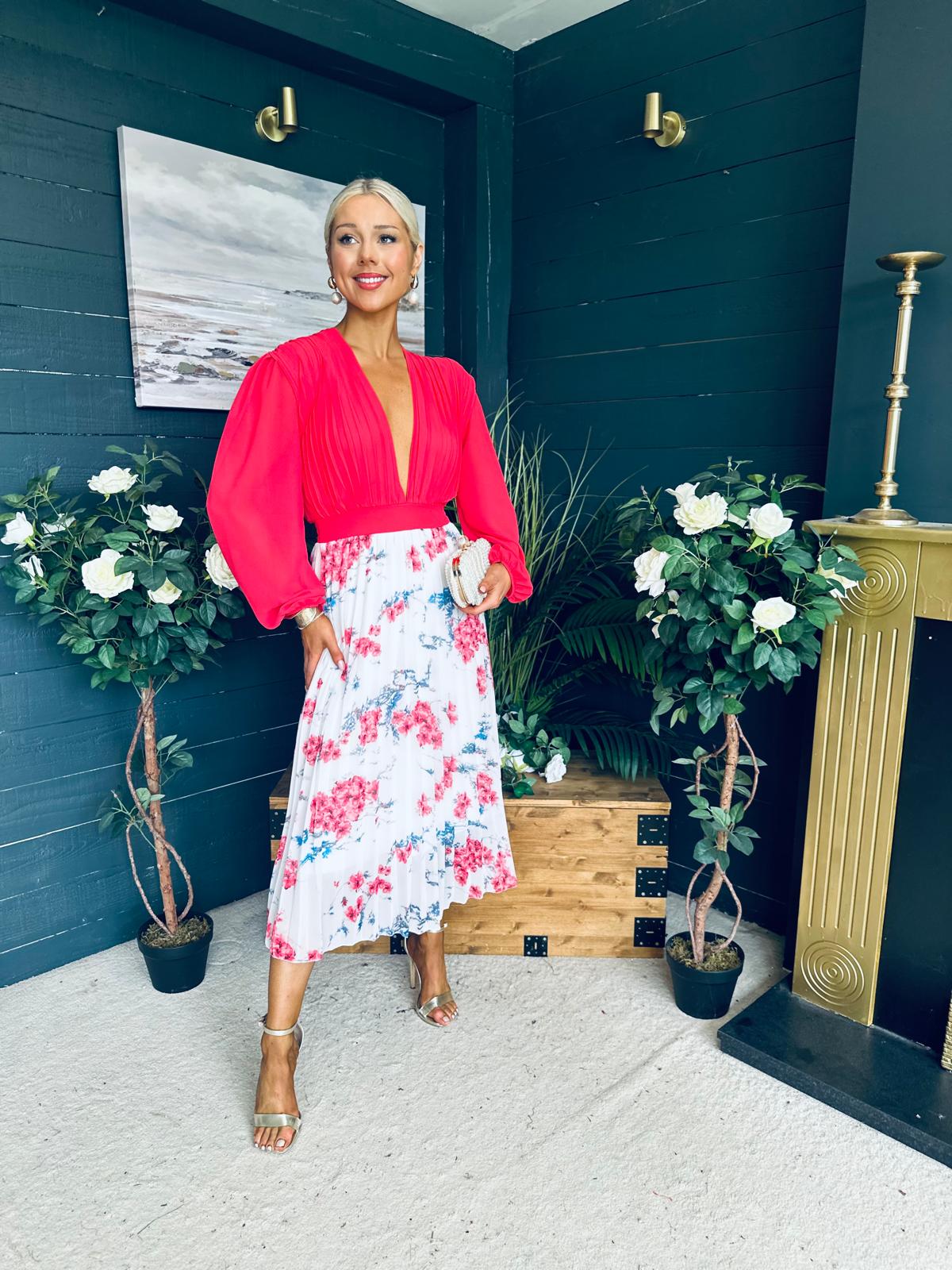 Terrie Plunge Neck Midi Dress Coral