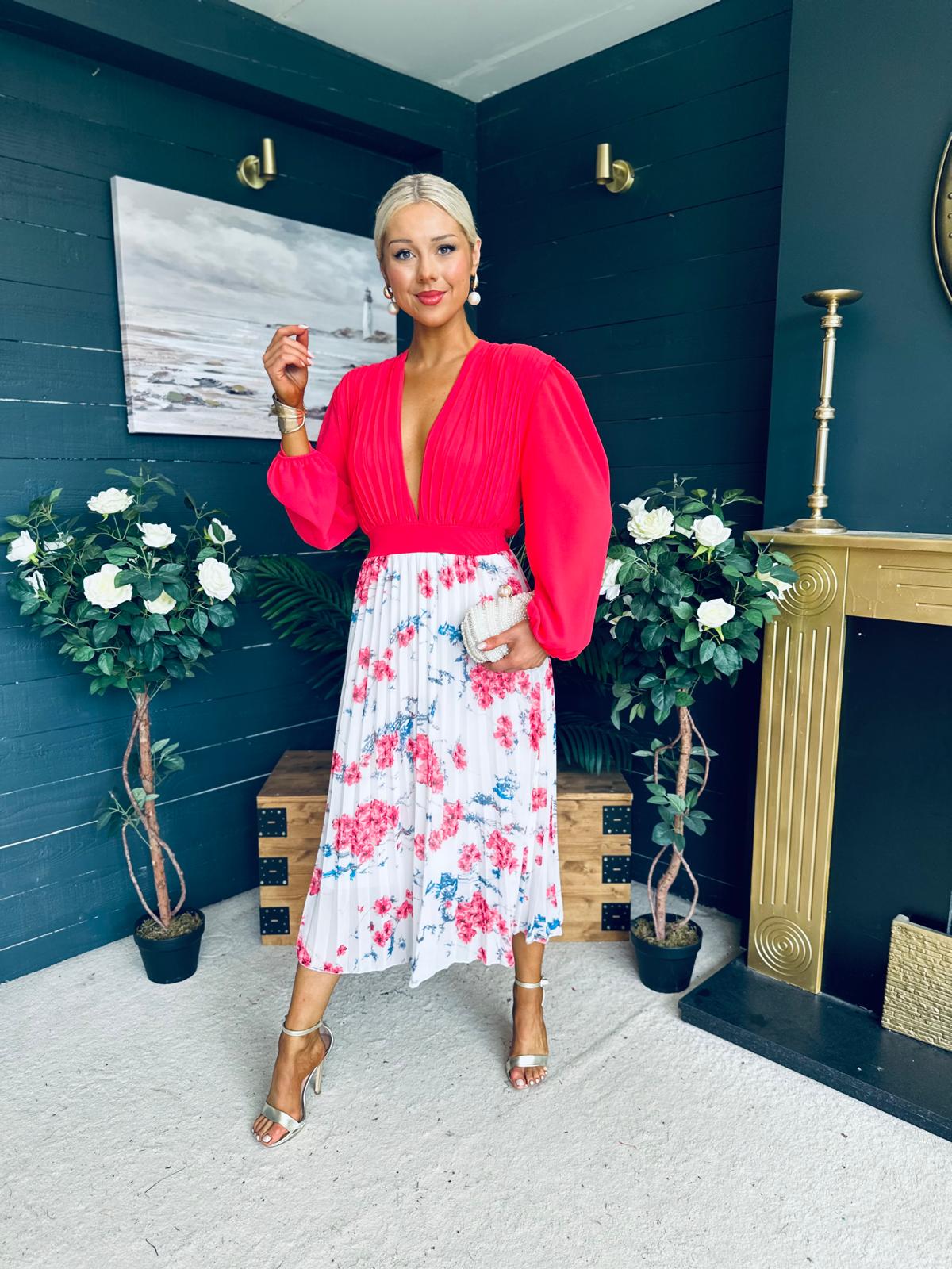 Terrie Plunge Neck Midi Dress Coral