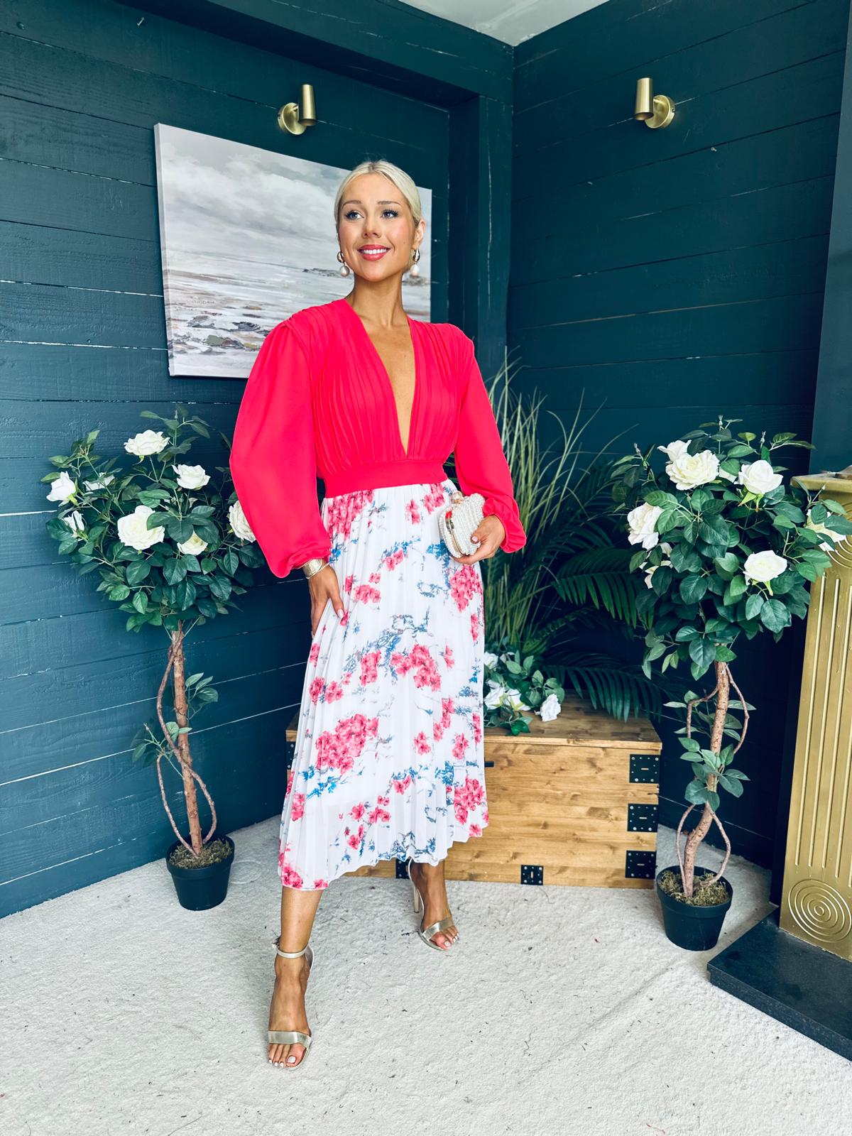 Terrie Plunge Neck Midi Dress Coral