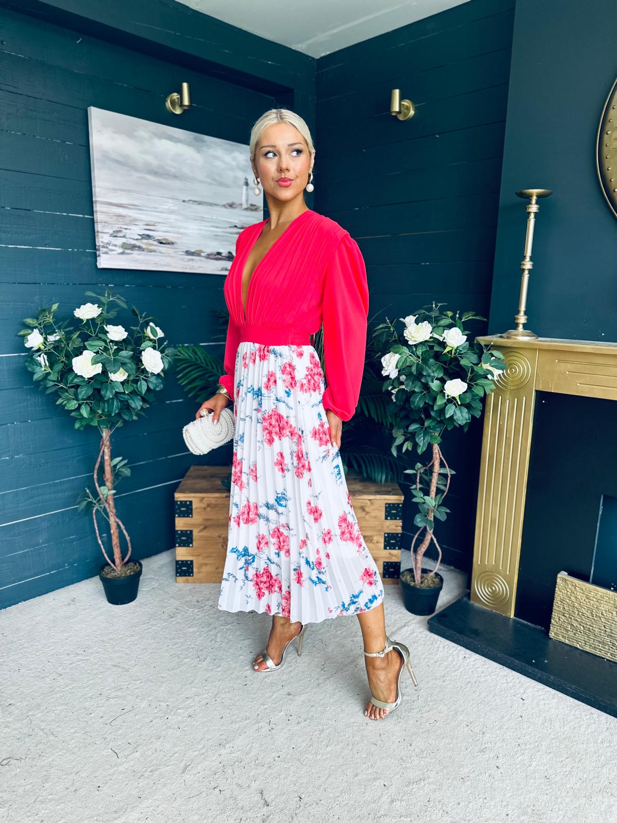 Terrie Plunge Neck Midi Dress Coral