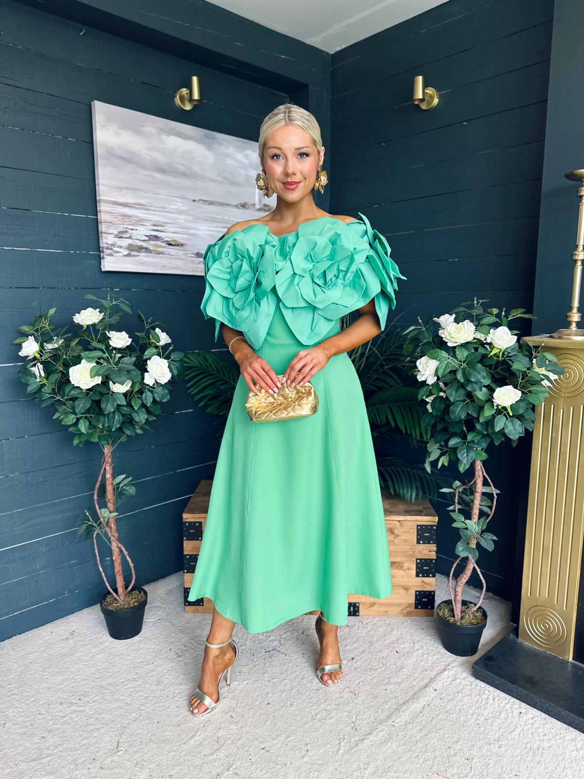 Jackie Floral Detail Occasion Midi Dress Emerald