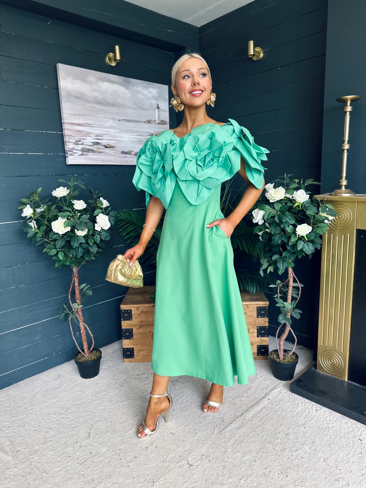 Jackie Floral Detail Occasion Midi Dress Emerald