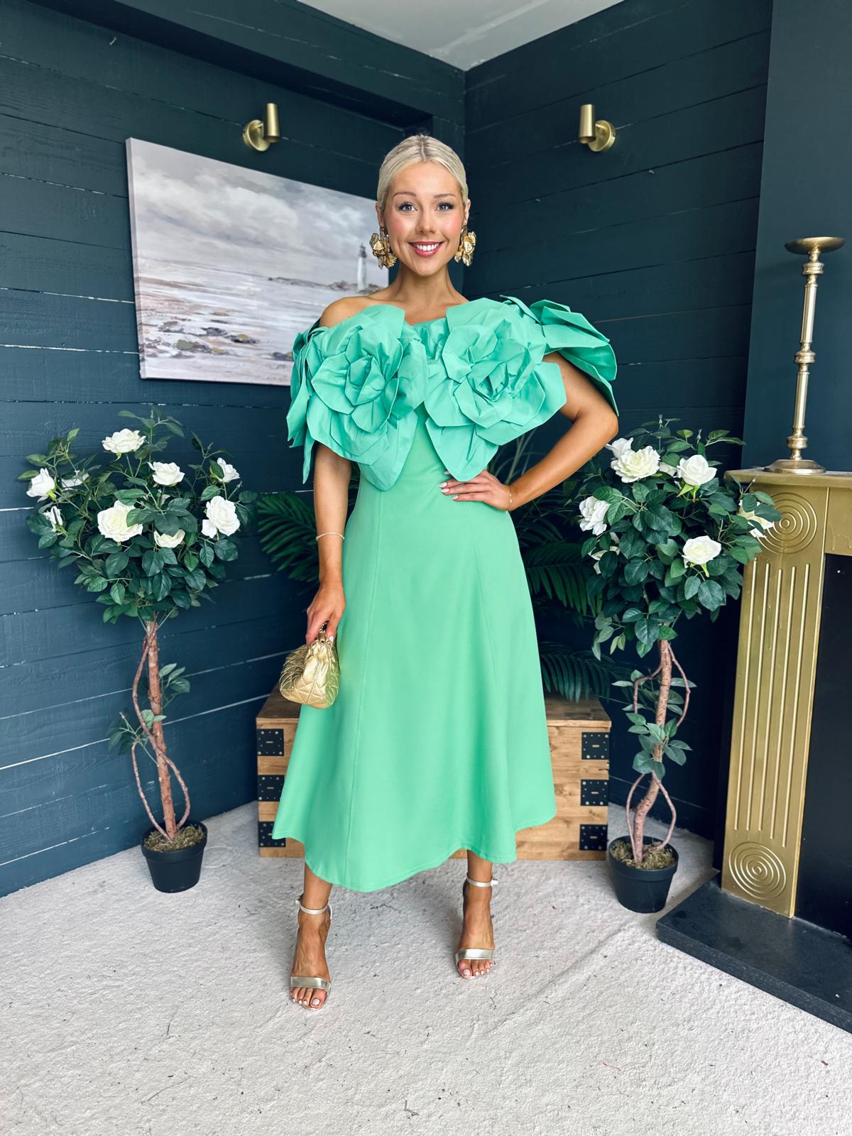Jackie Floral Detail Occasion Midi Dress Emerald