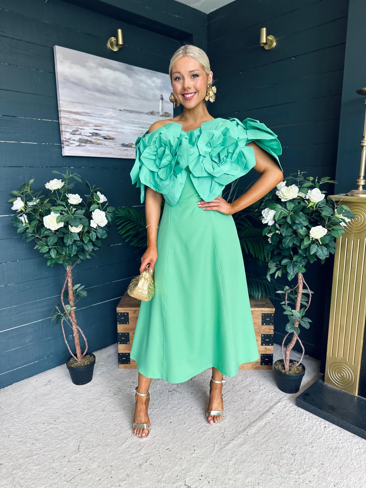 Jackie Floral Detail Occasion Midi Dress Emerald