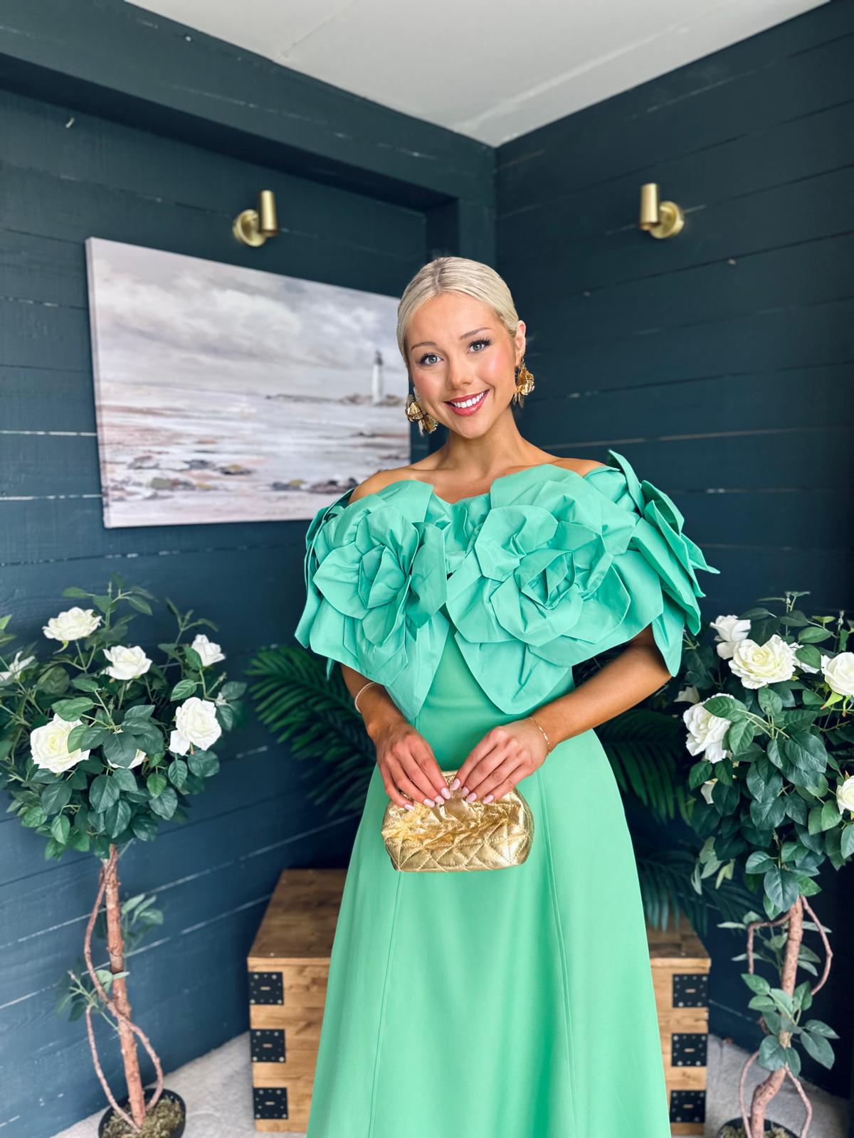 Jackie Floral Detail Occasion Midi Dress Emerald