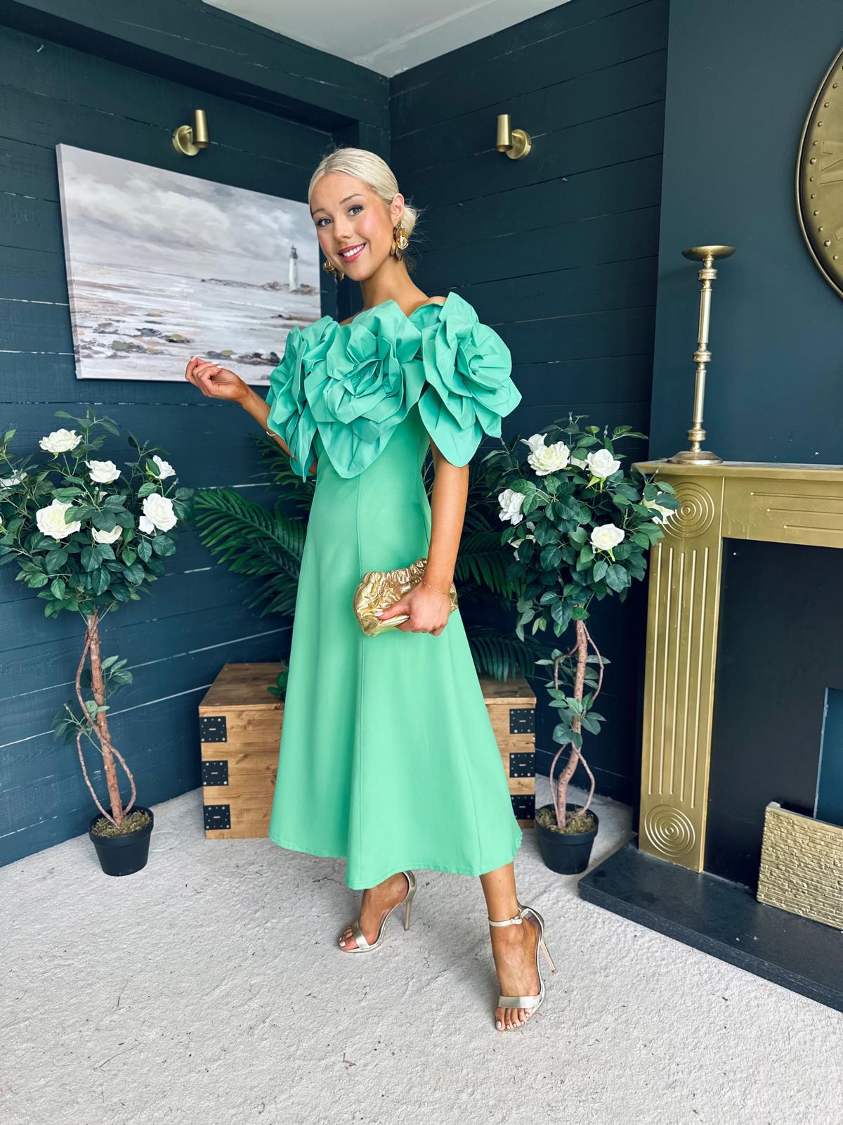 Jackie Floral Detail Occasion Midi Dress Emerald
