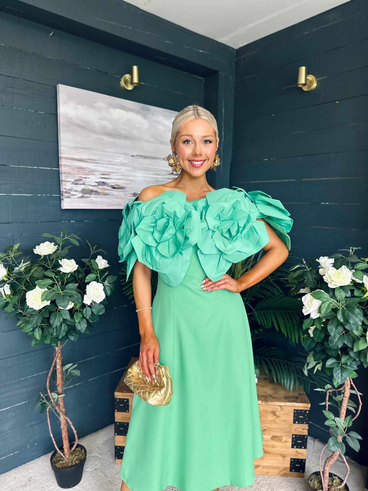 Jackie Floral Detail Occasion Midi Dress Emerald