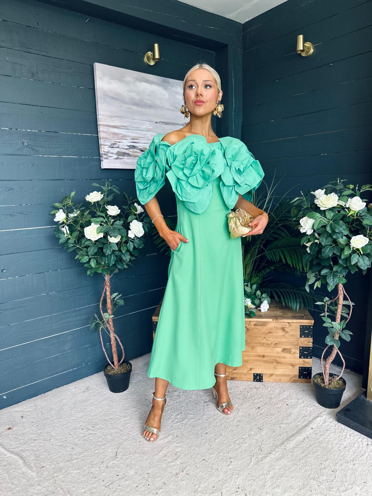 Jackie Floral Detail Occasion Midi Dress Emerald