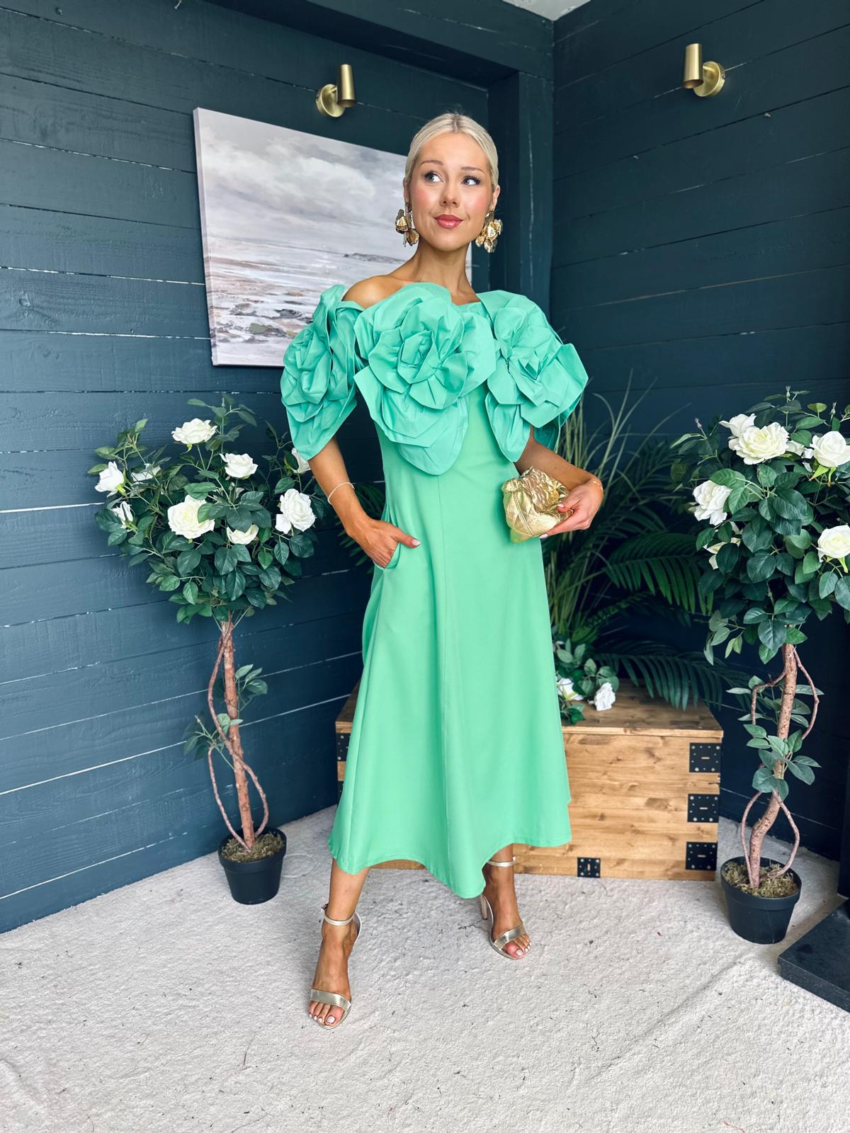 Jackie Floral Detail Occasion Midi Dress Emerald