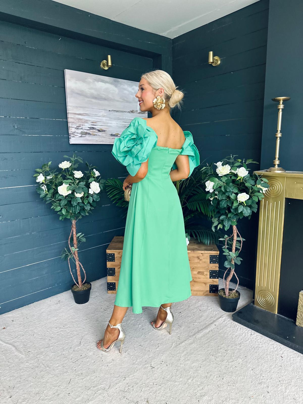 Jackie Floral Detail Occasion Midi Dress Emerald