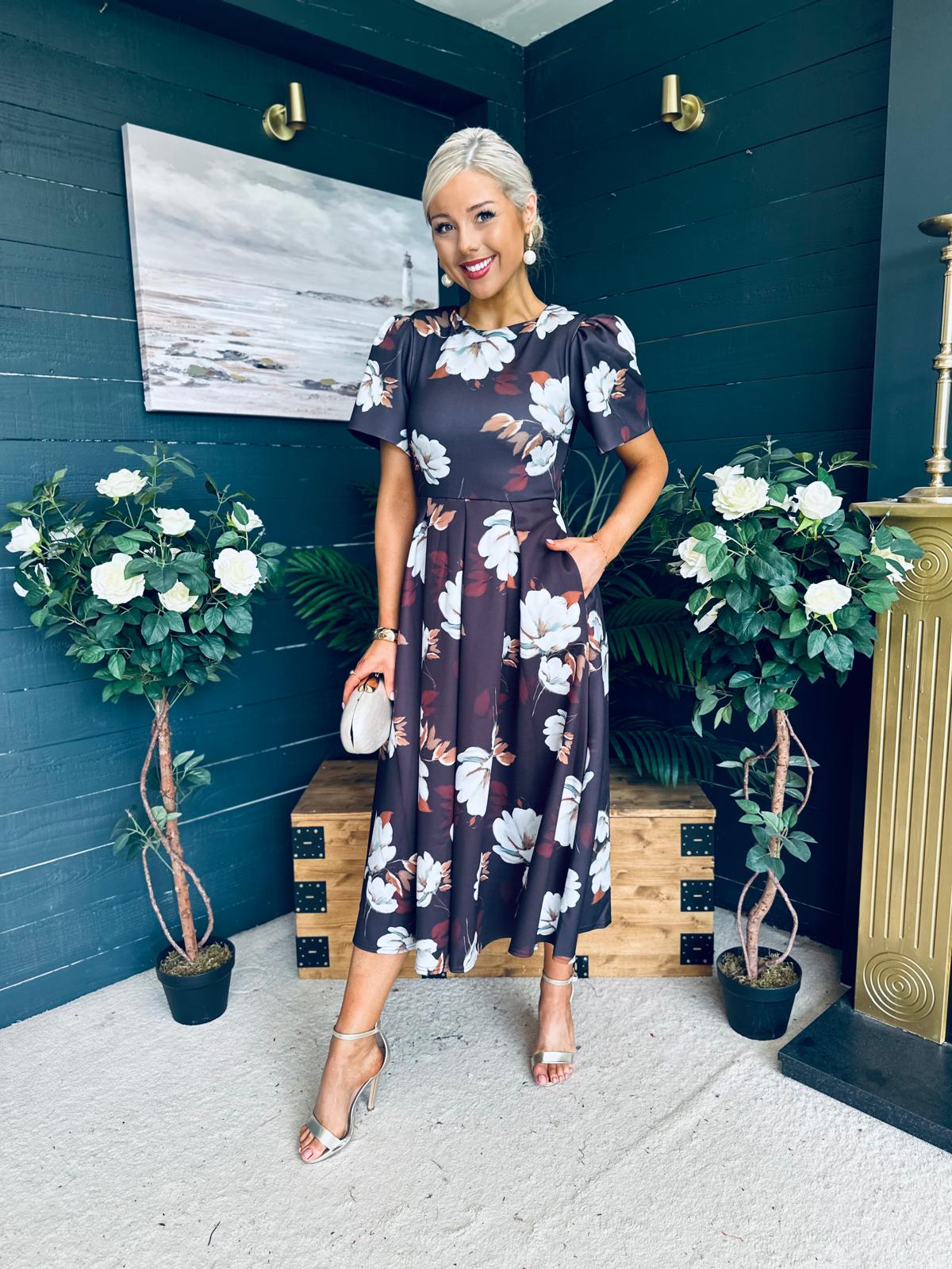 Elowin Statement Sleeve Skater Midi Dress Floral Coco