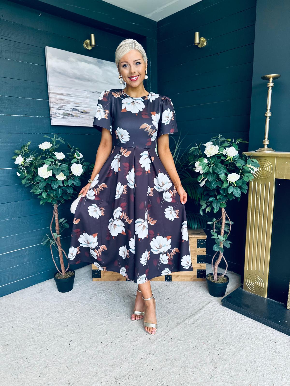 Elowin Statement Sleeve Skater Midi Dress Floral Coco