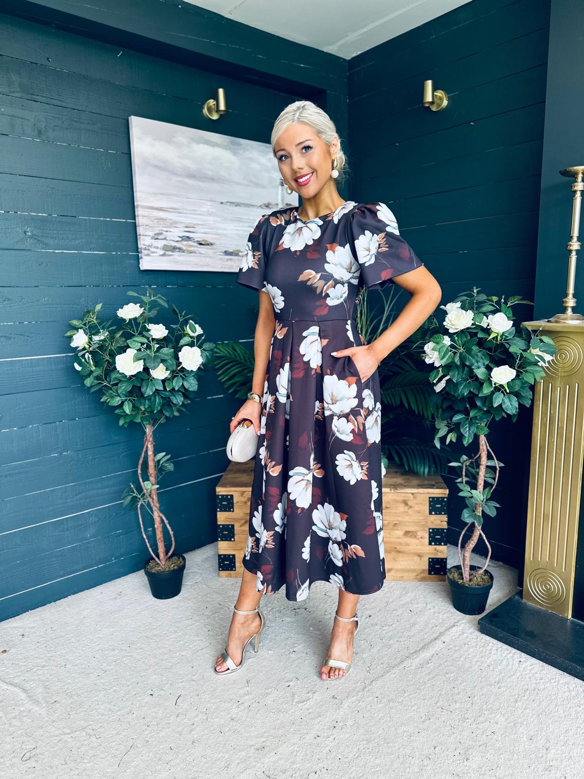 Elowin Statement Sleeve Skater Midi Dress Floral Coco