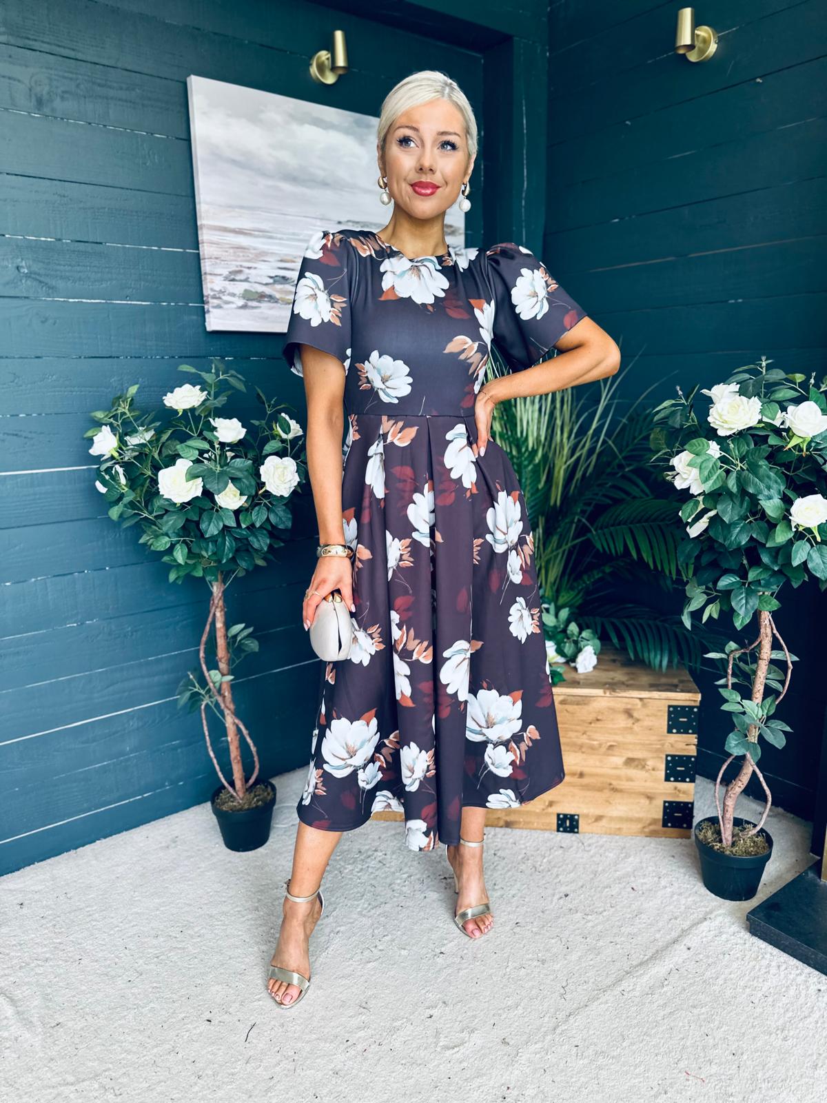Elowin Statement Sleeve Skater Midi Dress Floral Coco